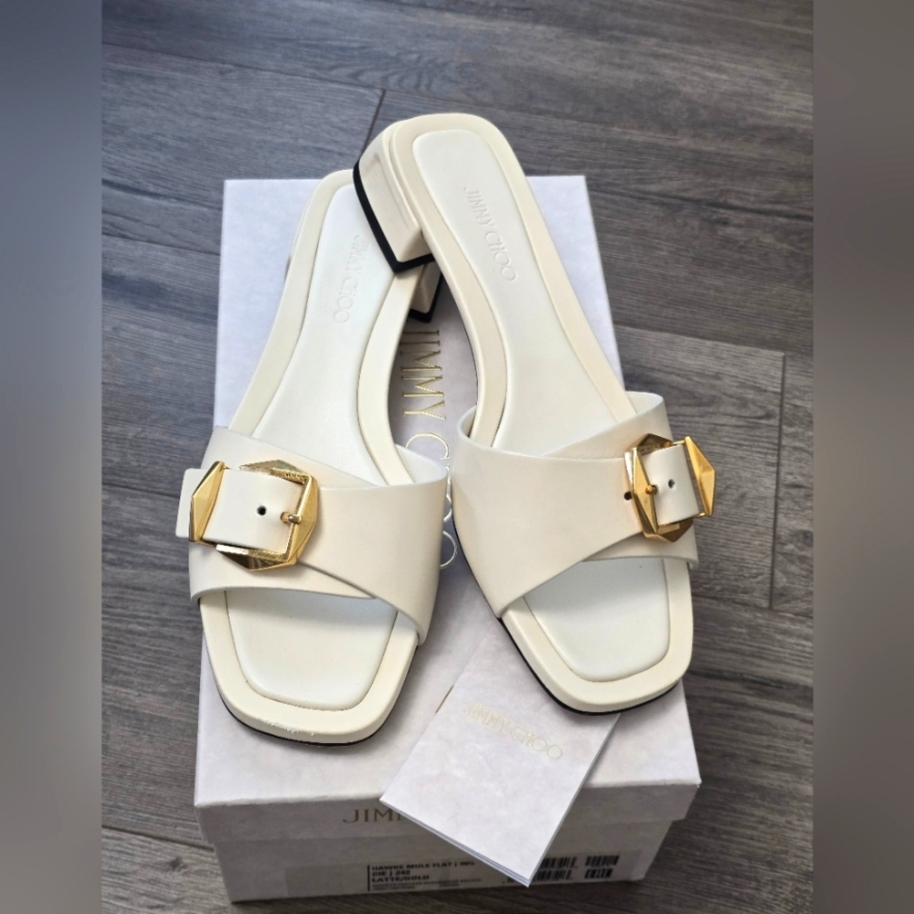 Jimmy Choo Hawke Mule Flat Latte/Gold Ladies Size 38.5 EUC Luxury Leather